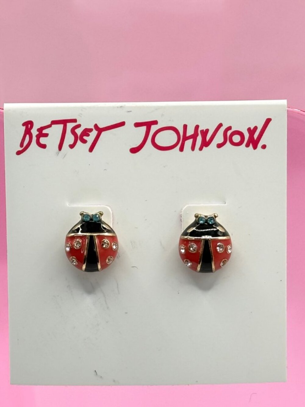 Betsey Johnson Ladybug Stud Earrings Red Crystal Eyes NWT